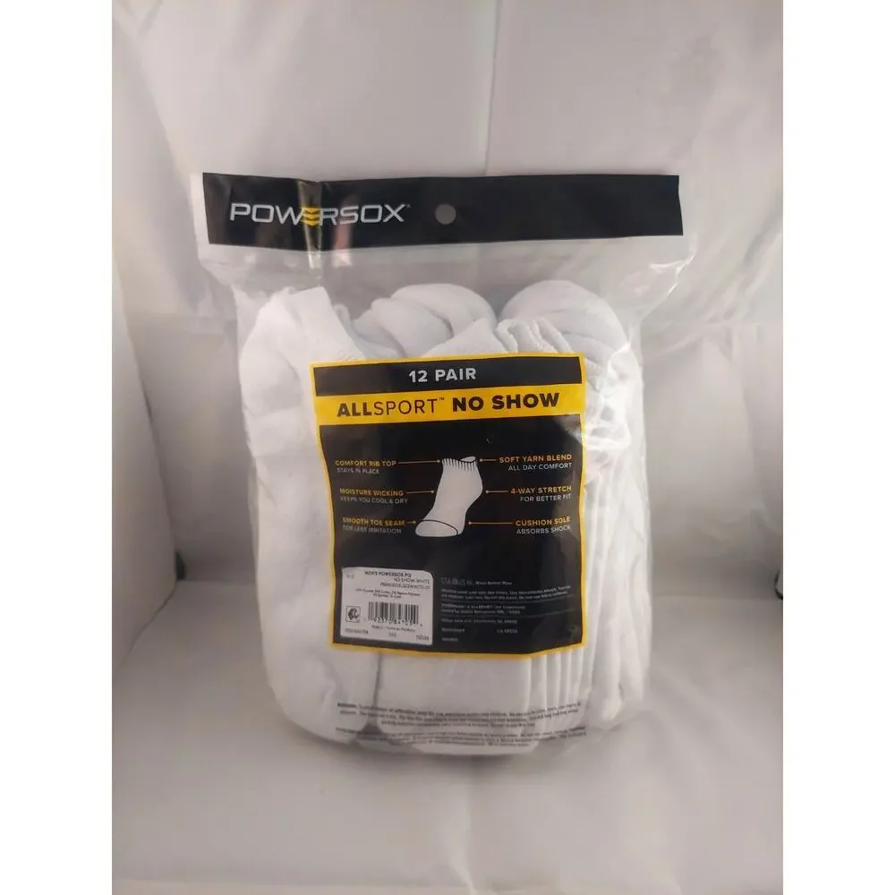 Men's Powersox All Sport Moisture Wicking No Show Socks 12 Pair White Large 6-12